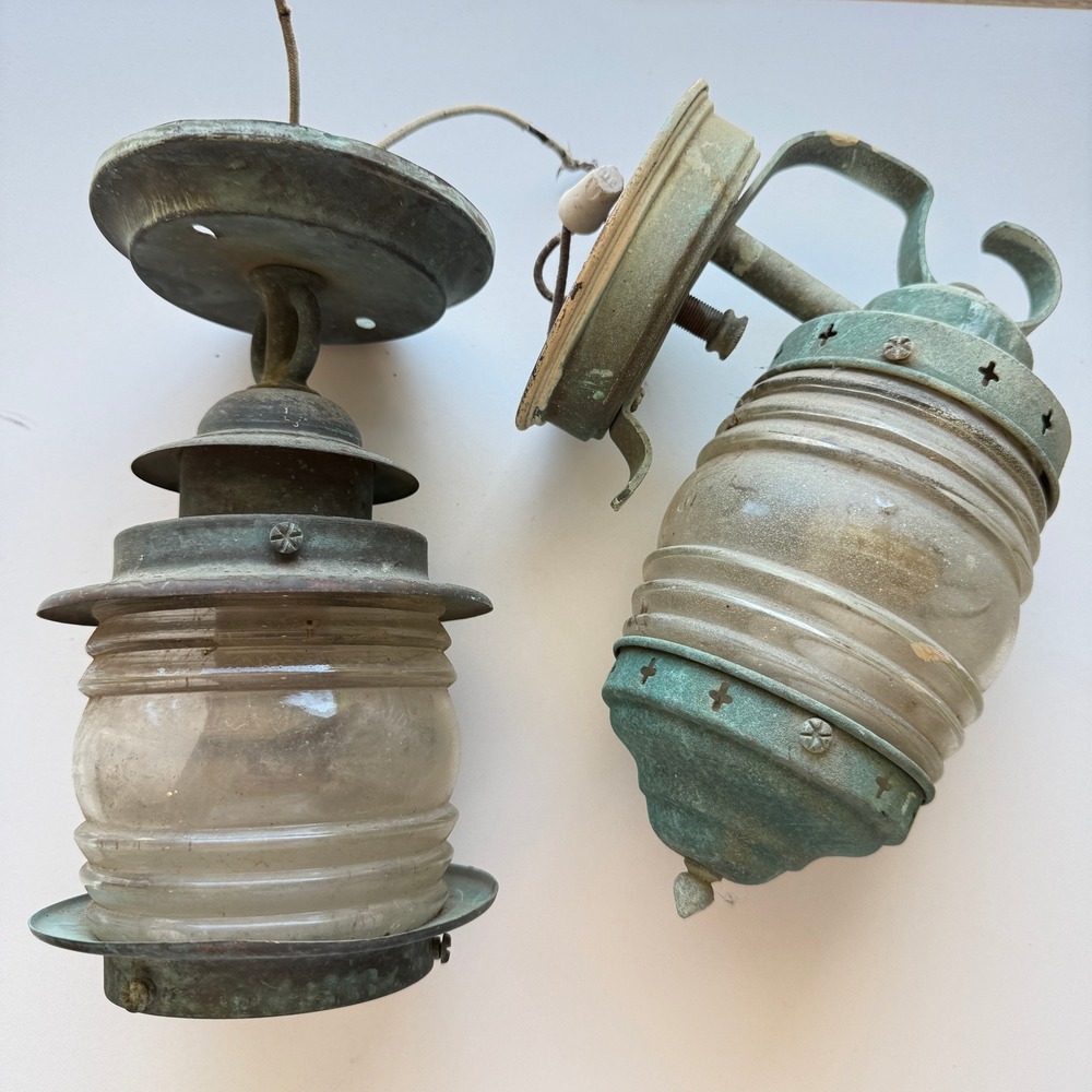 Vintage Copper Verdigris Nautical Light Fixtures Set Wall Sconce Ceiling Mount